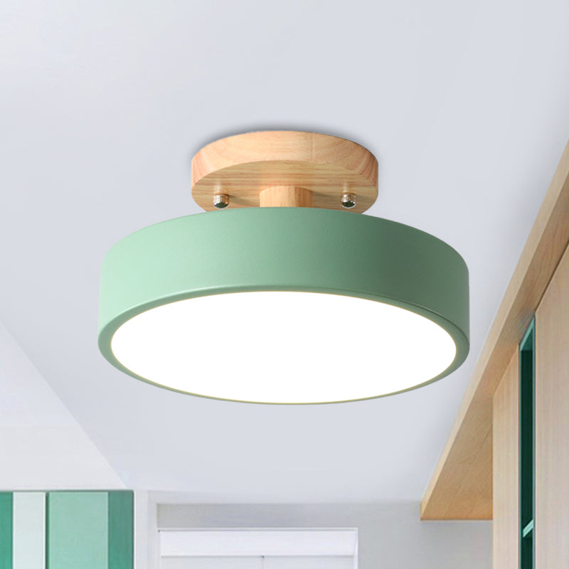 Iron Drum Flushmount Nordic White/Green/Grey Finish LED Semi Close to Ceiling Light with Wood Canopy for Corridor