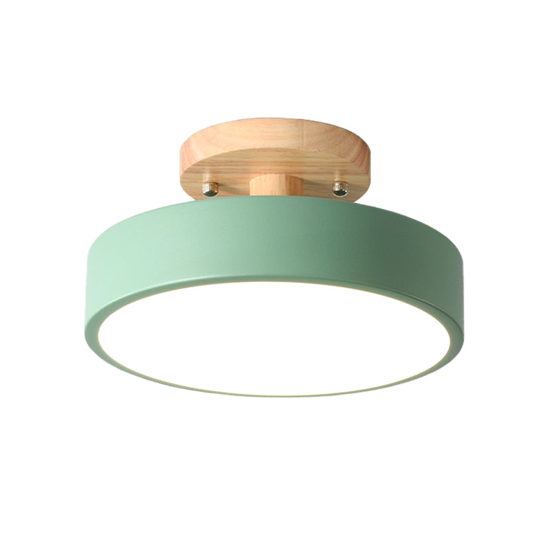 Iron Drum Flushmount Nordic White/Green/Grey Finish LED Semi Close to Ceiling Light with Wood Canopy for Corridor