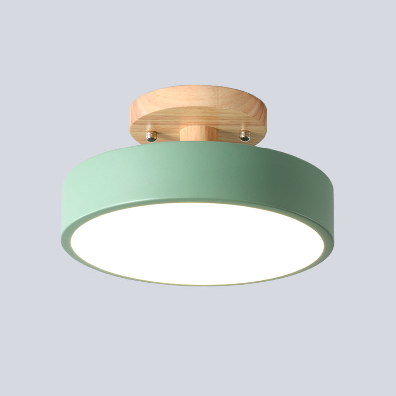 Tambour de fer Flushmount nordique blanc / vert / gris finition semi proche du plafond de plafond avec canopée en bois pour couloir