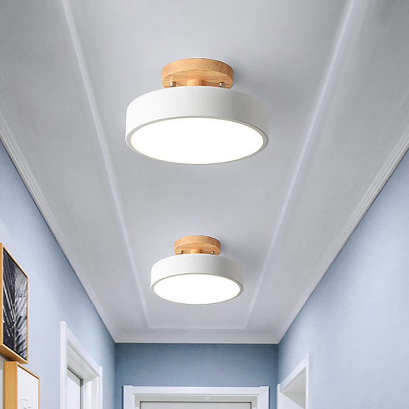 Iron Drum Flushmount Nordic White/Green/Grey Finish LED Semi Close to Ceiling Light with Wood Canopy for Corridor