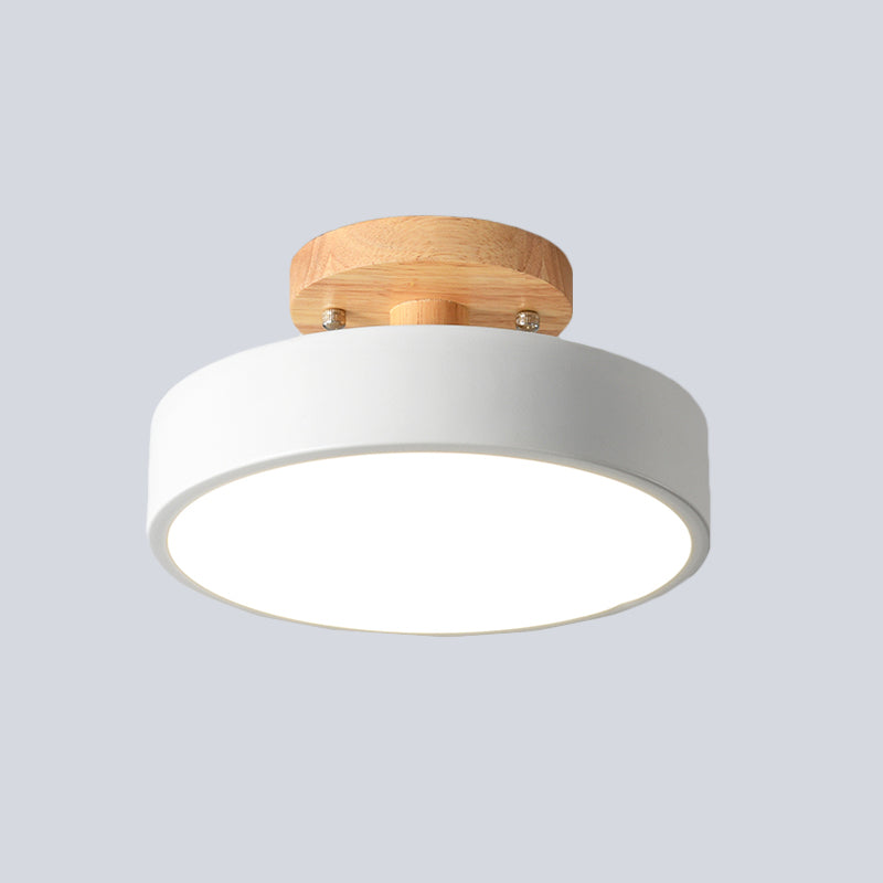 Iron Drum Flushmount Nordic White/Green/Grey Finish LED Semi Close to Ceiling Light with Wood Canopy for Corridor