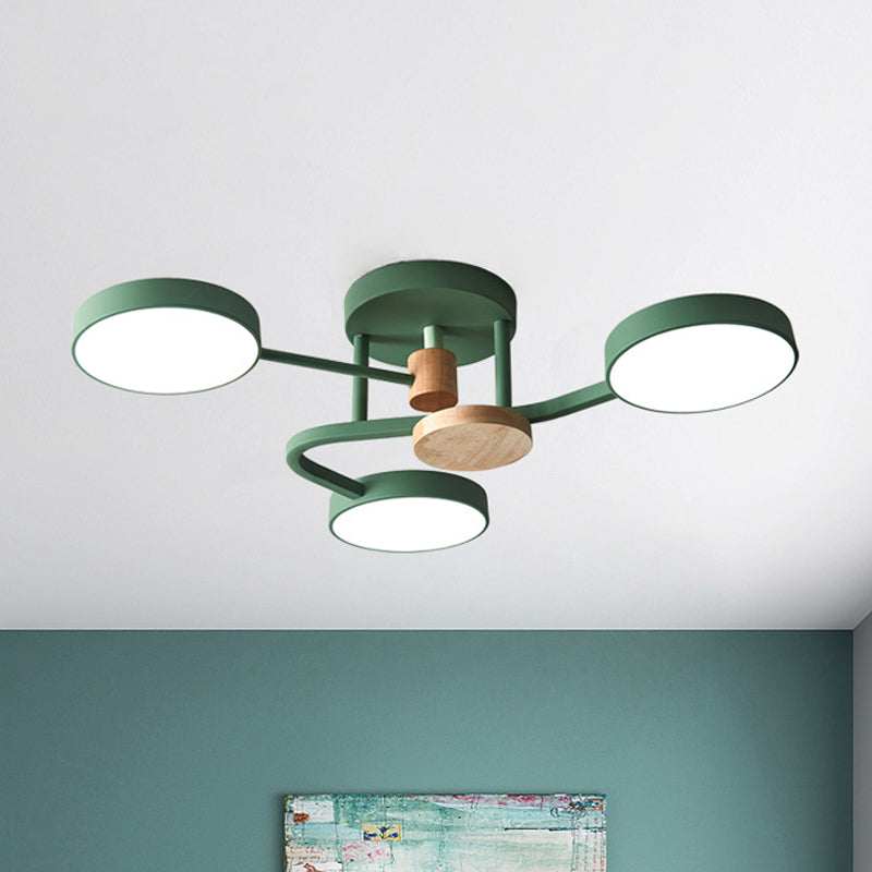 Round Semi Flushmount Lighting Macaron Metallic LED Bedroom Flush Mount Lamp Fixture in Grey/White/Green with Curved Arm