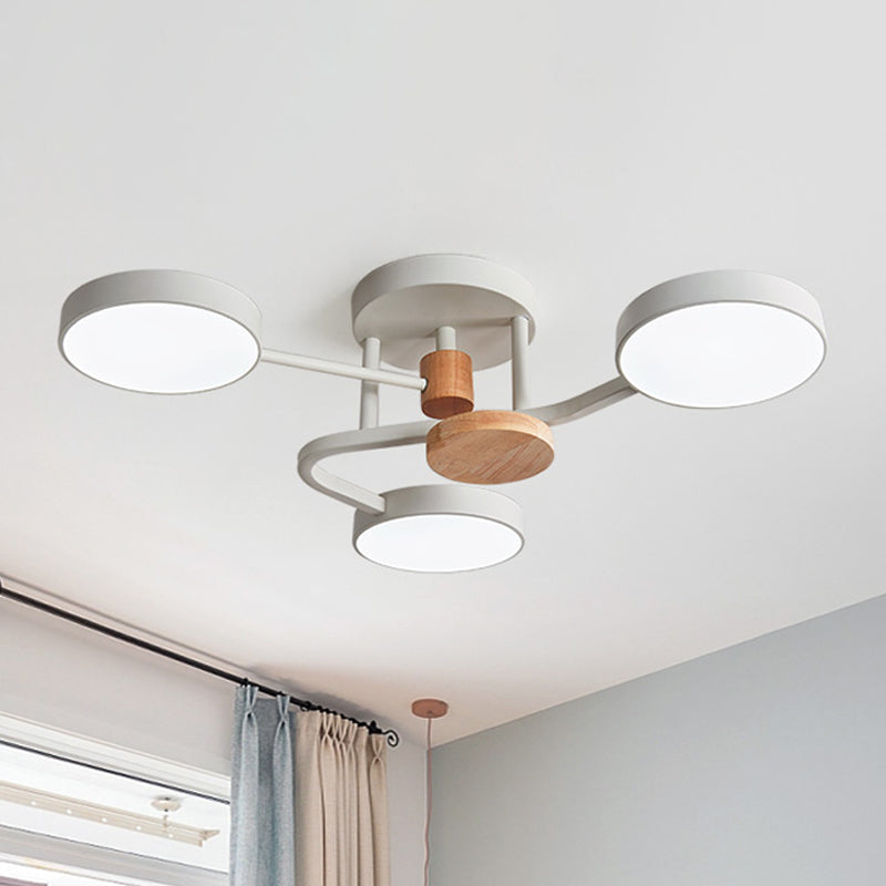 Round Semi Flushmount Lighting Macaron Metallic LED Bedroom Flush Mount Lamp Fixture in Grey/White/Green with Curved Arm