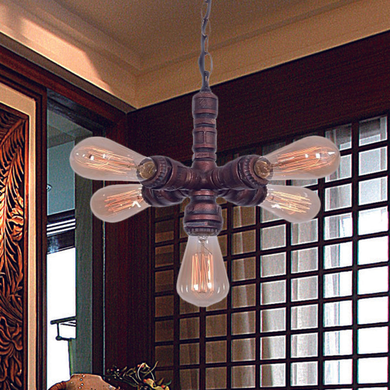 5-Bulb Metal Ceiling Chandelier Antiqued Copper Finish Sputnik Pipe Living Room Suspension Lamp