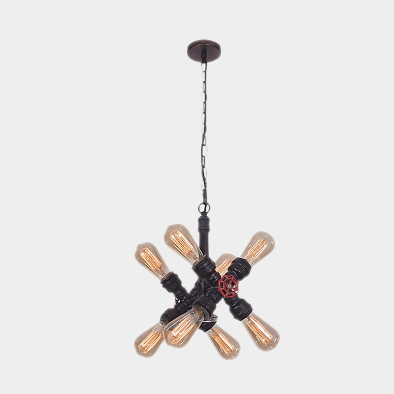 Farmhouse Cross Pipe Pendant Chandelier 8 Lights Metal Hanging Ceiling Lamp in Black for Living Room