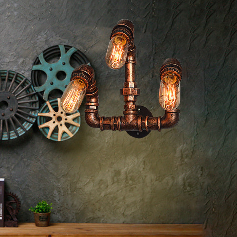 3 Bulbs Wall Sconce Lighting Farmhouse Curved Arm Metal Wall Mounted Lamp in Rust for Bar