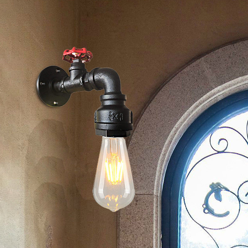 Water Pipe Balcony Sconce Lamp Fixture Industrial Iron 1-Light Silver/Black/Rust Wall Mount Lamp with Red Valve Deco