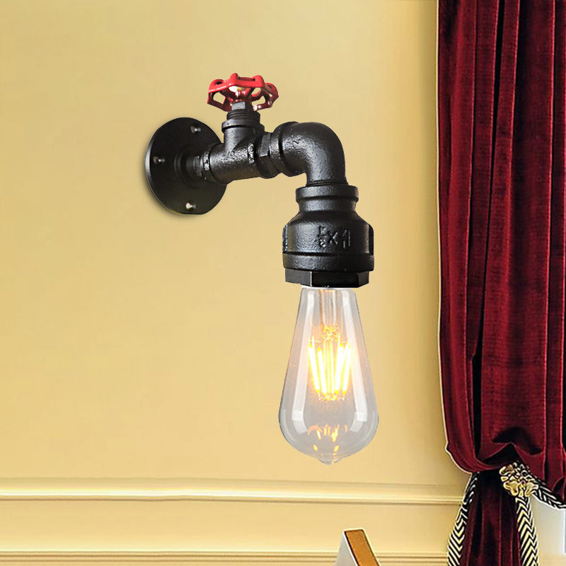 Water Pipe Balcony Sconce Lamp Fixture Industrial Iron 1-Light Silver/Black/Rust Wall Mount Lamp with Red Valve Deco