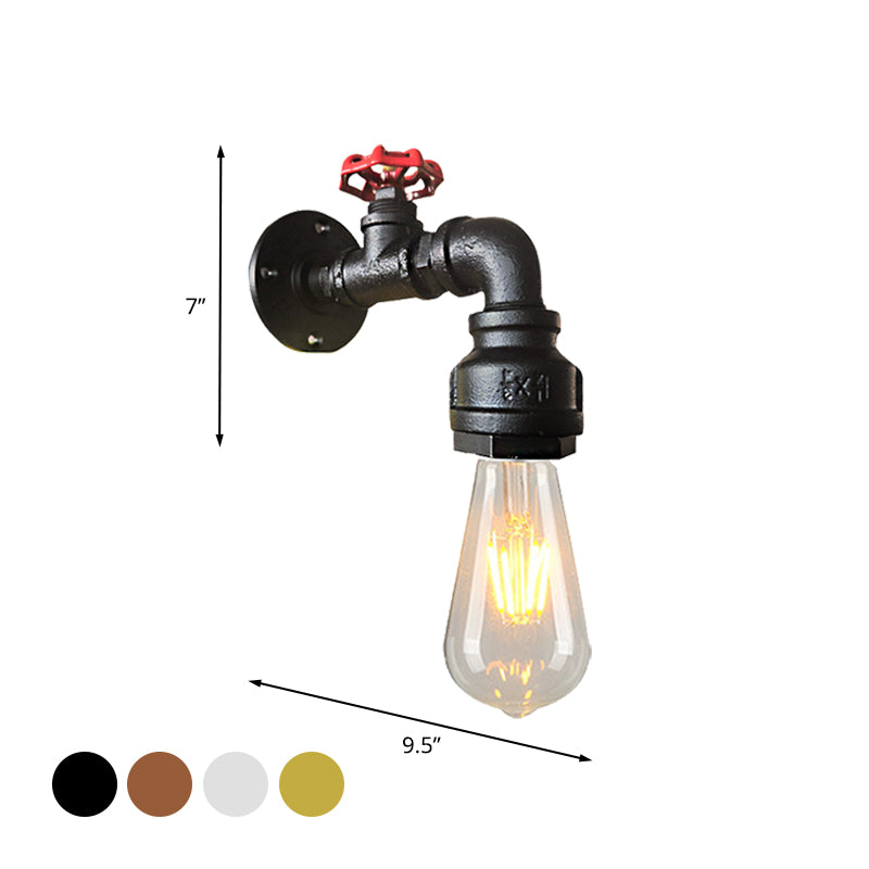 Water Pipe Balcony Sconce Lamp Fixture Industrial Iron 1-Light Silver/Black/Rust Wall Mount Lamp with Red Valve Deco