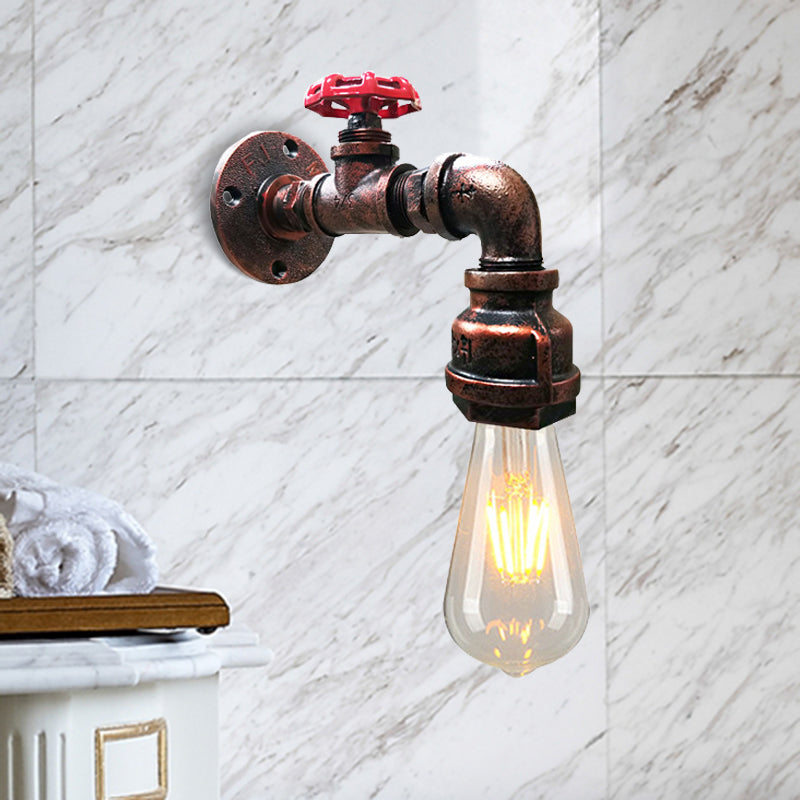 Water Pipe Balcony Sconce Lamp Fixture Industrial Iron 1-Light Silver/Black/Rust Wall Mount Lamp with Red Valve Deco
