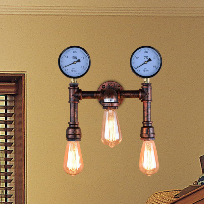 3 Lights Metallic Sconce Light Industrial Copper Exposed Bulb Balcony Wall Lamp with Double Gauge Deco