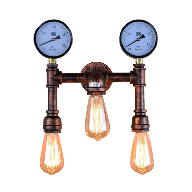 3 Lights Metallic Sconce Light Industrial Copper Exposed Bulb Balcony Wall Lamp with Double Gauge Deco