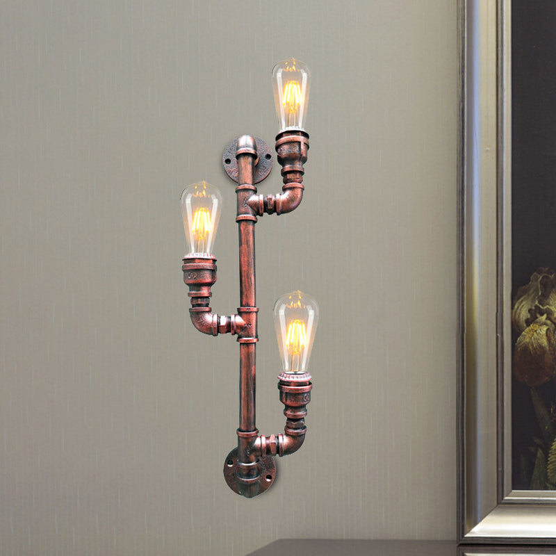 Metal Rust Finish Sconce Lighting Branch 3 Heads Vintage Wall Mount Pipe Lamp for Corner