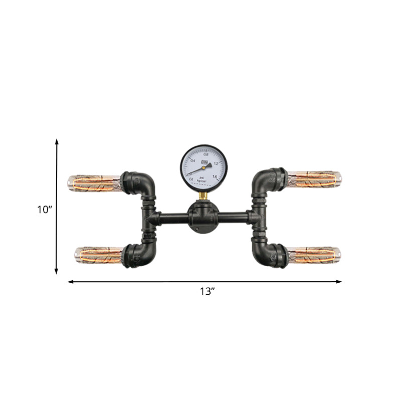 4-Bulb H-Shape Wall Light Sconce Farmhouse Black Iron Wall Mount Lamp with Gauge Deco