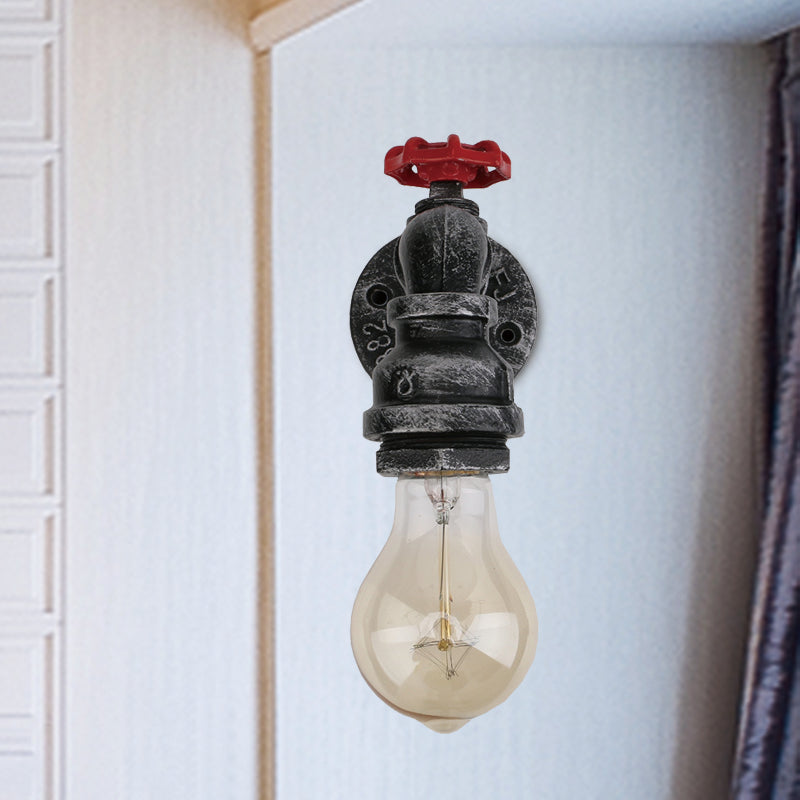 Black 1/2-Light Wall Lighting Industrial Metal Pipe and Valve Wall Mount Lamp Fixture for Balcony