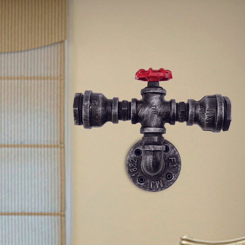 Black 1/2-Light Wall Lighting Industrial Metal Pipe and Valve Wall Mount Lamp Fixture for Balcony