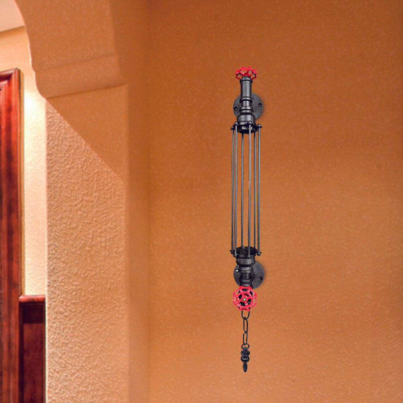 1-Head Tubular Sconce Rustic Black/Copper Metallic Wall Light Fixture with 2-Valve Deco and Chain