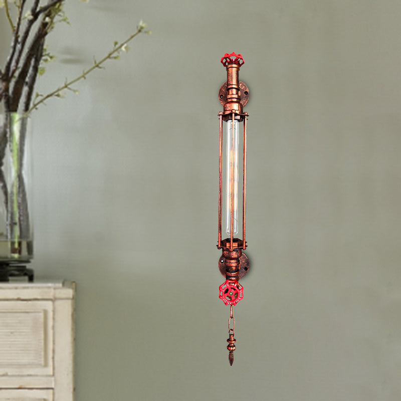 1-Head Tubular Sconce Rustic Black/Copper Metallic Wall Light Fixture with 2-Valve Deco and Chain