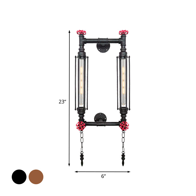 Metal Rectangle Frame Wall Lighting Antiqued 2 Lights Hallway Wall Lamp Sconce in Black/Copper with Chain