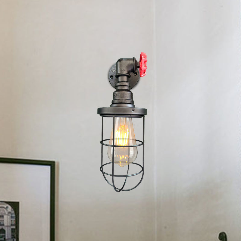 1-Light Wall Sconce Industrial Corridor Wall Lamp Fixture with Cage Metallic Shade in Black/Rust