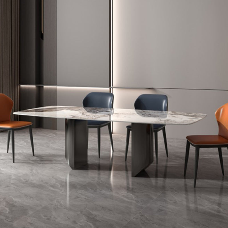 Industrial Double Pedestal Dining Table Rectangle Stone Top Dining Room Table