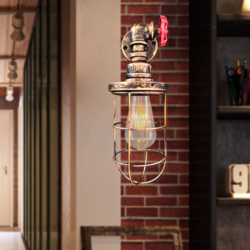 1-Light Wall Sconce Industrial Corridor Wall Lamp Fixture with Cage Metallic Shade in Black/Rust