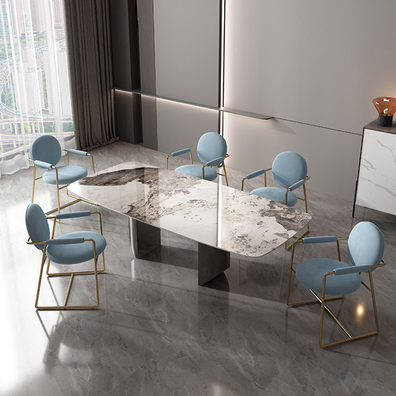 Industrial Double Pedestal Dining Table Rectangle Stone Top Dining Room Table