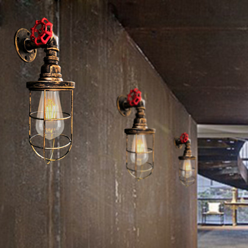 1-Light Wall Sconce Industrial Corridor Wall Lamp Fixture with Cage Metallic Shade in Black/Rust