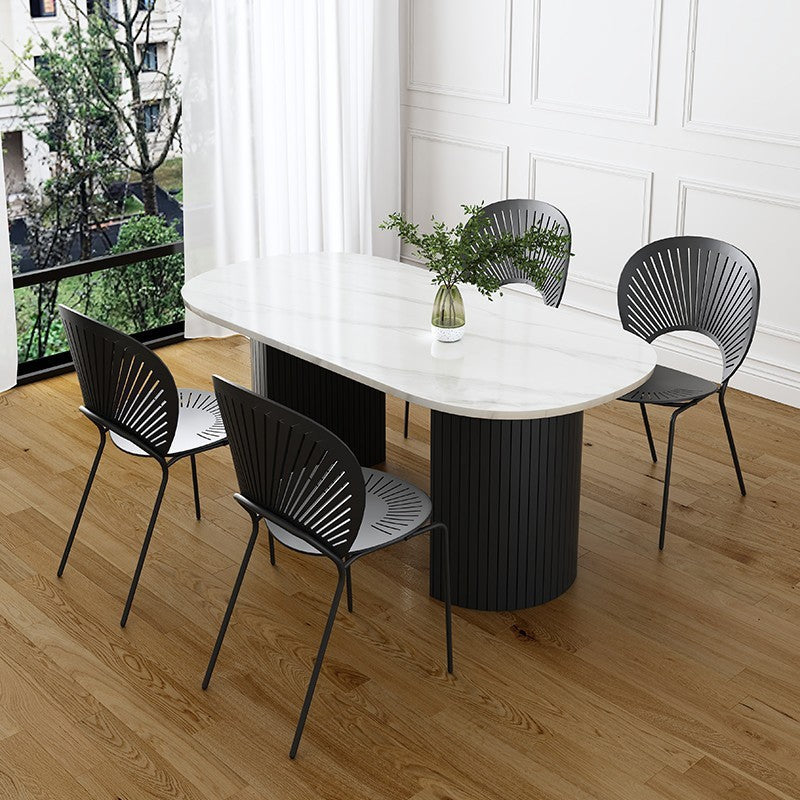 Modern Oval Dinette Table Sintered Stone Top Black Steel Double Pedestal Table