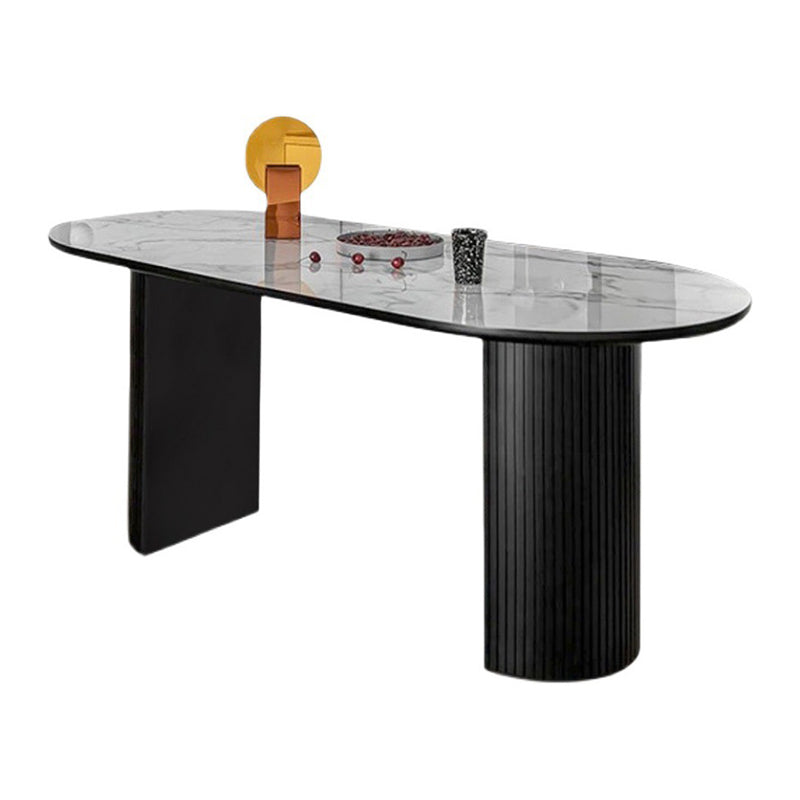 Modern Oval Dinette Table Sintered Stone Top Black Steel Double Pedestal Table