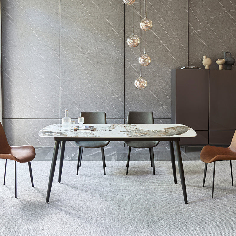 Matte Finish Stone Rectangular Dining Table 4 Legs Furniture with Steel Base