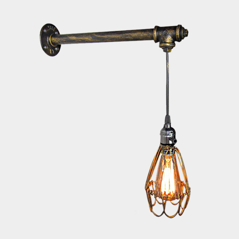 Metal Caged Wall Sconce Lamp Industrial 1 Bulb Restaurant Wall Mount Pipe Light in Brass