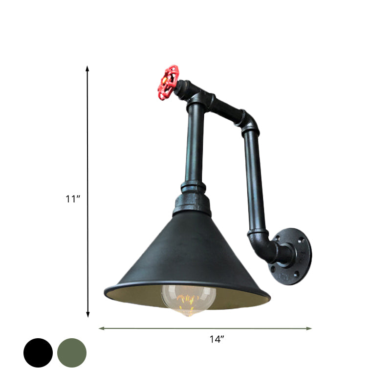 1 Light Pipe and Valve Sconce Rustic Black/Bronze Metal Wall Mount Sconce with Cone Shade for Restaurant