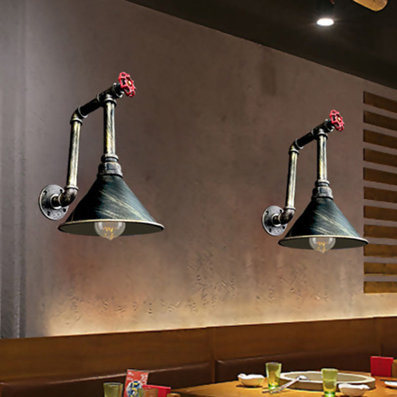 1 Light Pipe and Valve Sconce Rustic Black/Bronze Metal Wall Mount Sconce with Cone Shade for Restaurant