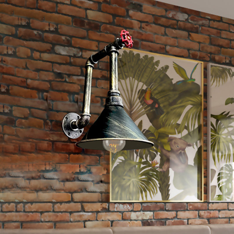 1 Light Pipe and Valve Sconce Rustic Black/Bronze Metal Wall Mount Sconce with Cone Shade for Restaurant