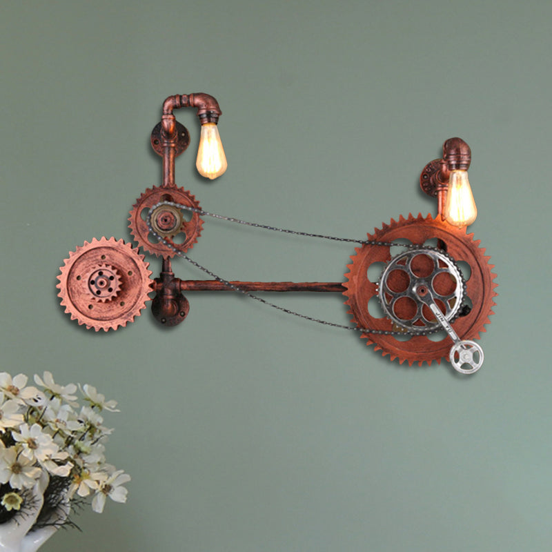 2-Light Wall Light Sconce Antiqued Bicycle Shape Iron Wall Lamp Fixture in Rust for Corridor