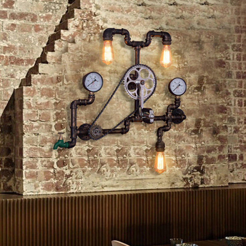 Metal Rust Finish Sconce Light Fixture Bicycle-Shape 3 Bulbs Industrial Wall Mount Pipe Lamp for Restaurant