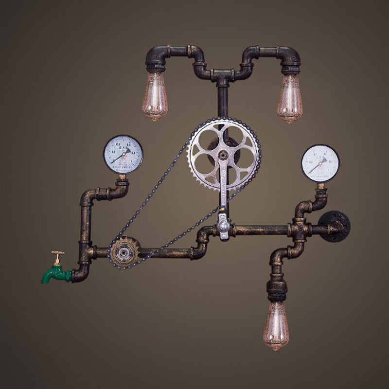 Metal Rust Finish Sconce Light Fixture Bicycle-Shape 3 Bulbs Industrial Wall Mount Pipe Lamp for Restaurant