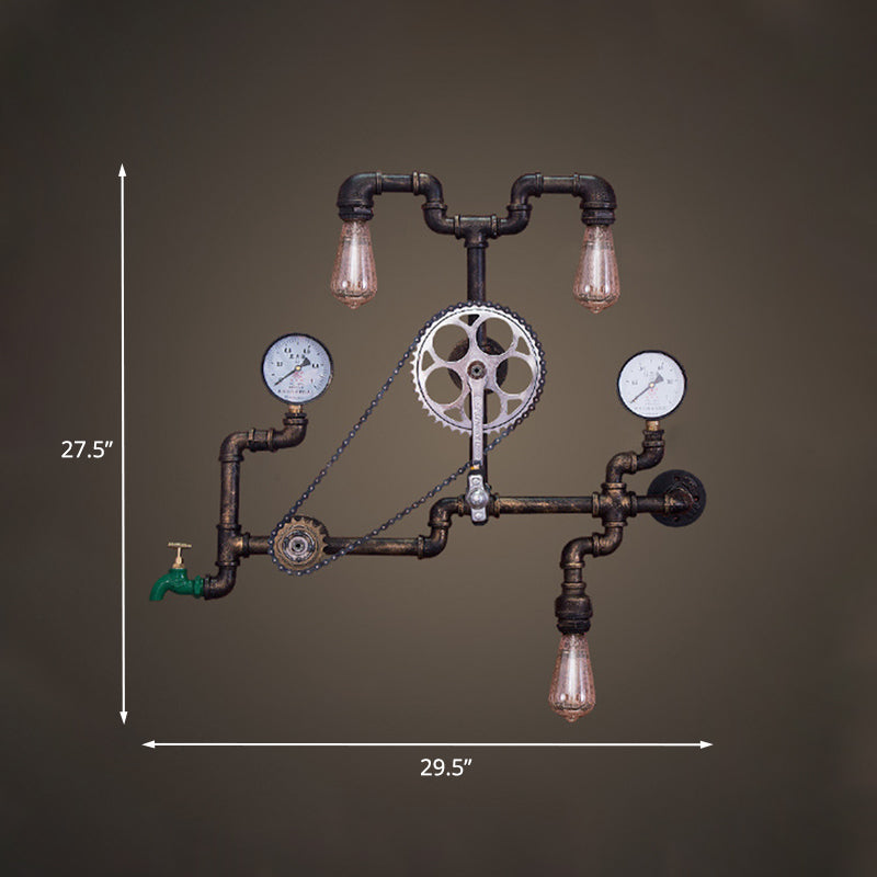 Metal Rust Finish Sconce Light Fixture Bicycle-Shape 3 Bulbs Industrial Wall Mount Pipe Lamp for Restaurant