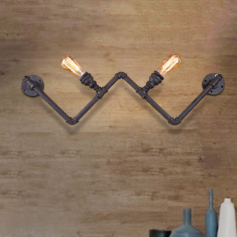 Black 2-Bulb Wall Lamp Fixture Farmhouse Iron W-Shape Wall Mount Sconce with Pipe Design