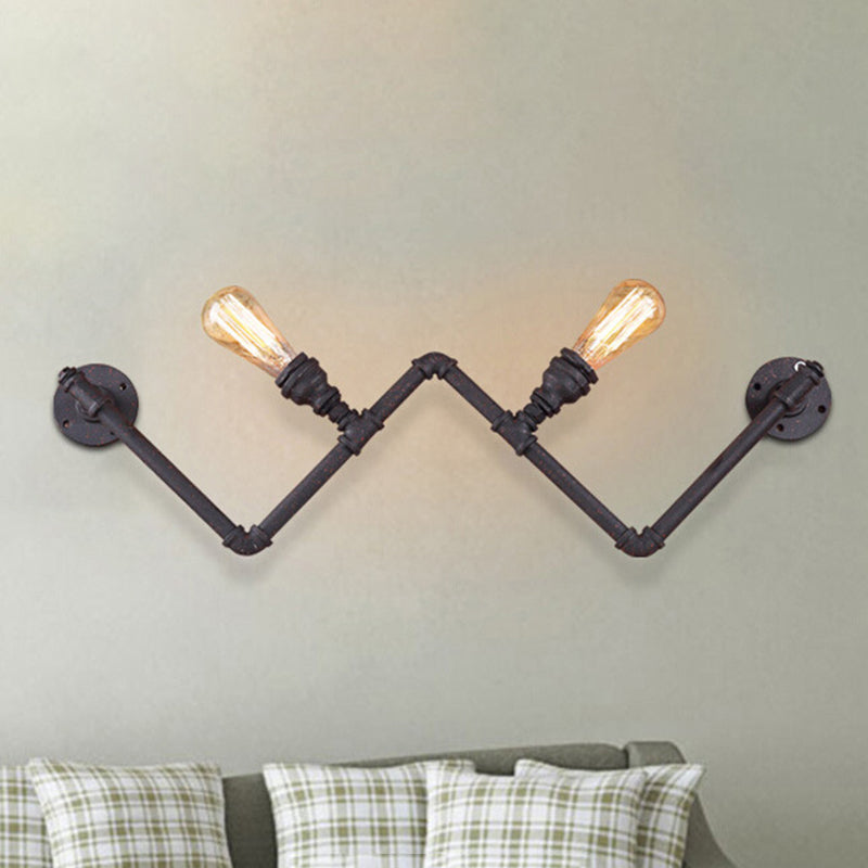 Black 2-Bulb Wall Lamp Fixture Farmhouse Iron W-Shape Wall Mount Sconce with Pipe Design