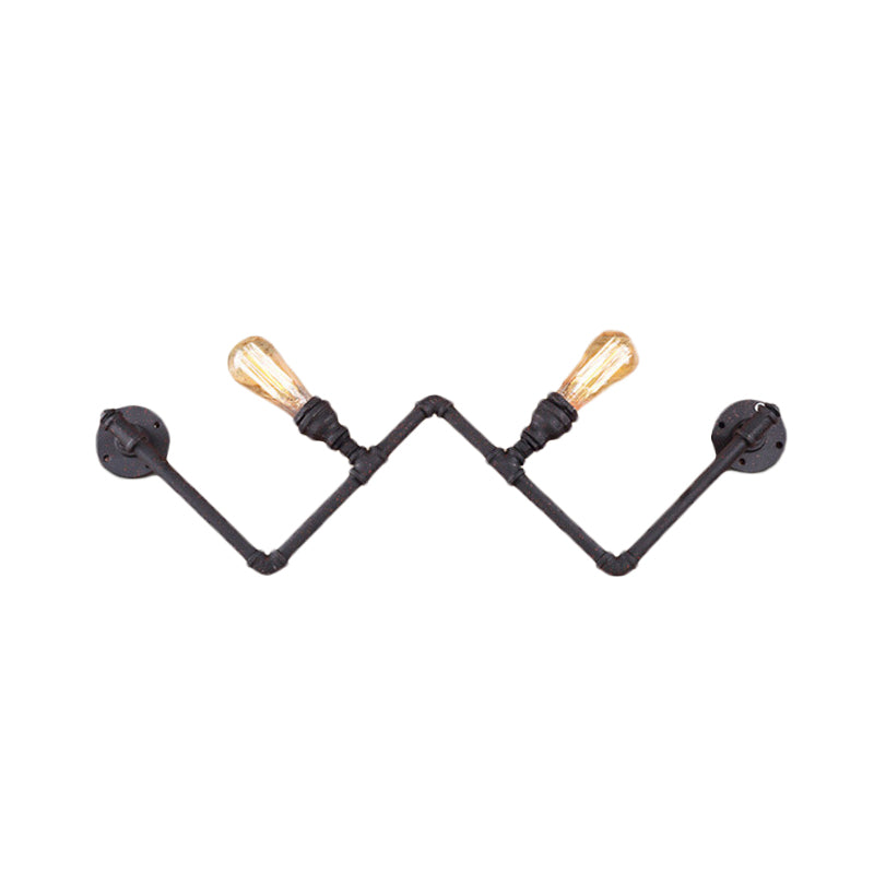Black 2-Bulb Wall Lamp Fixture Farmhouse Iron W-Shape Wall Mount Sconce with Pipe Design