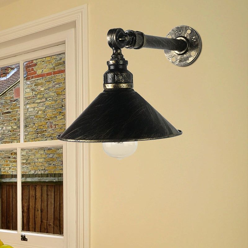 Antique Brass 1-Bulb Sconce Lighting Vintage Metal Cone Shade Wall Mounted Lamp for Restaurant