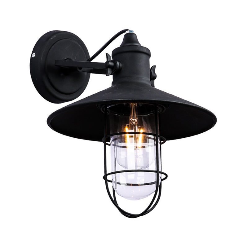 Black Finish Wire Cage Wall Lighting Industrial Metal 1 Light Coffee Shop Wall Mount Sconce with Clear Glass Shade