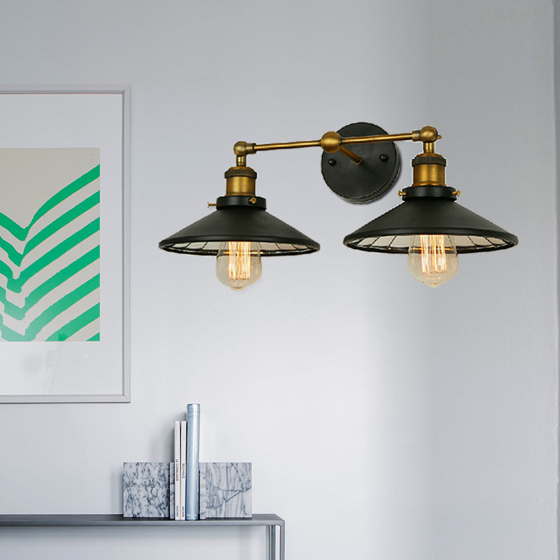 Iron Black and Brass Sconce Flared 2 Heads Antiqued Wall Mounted Light with Linear Arm
