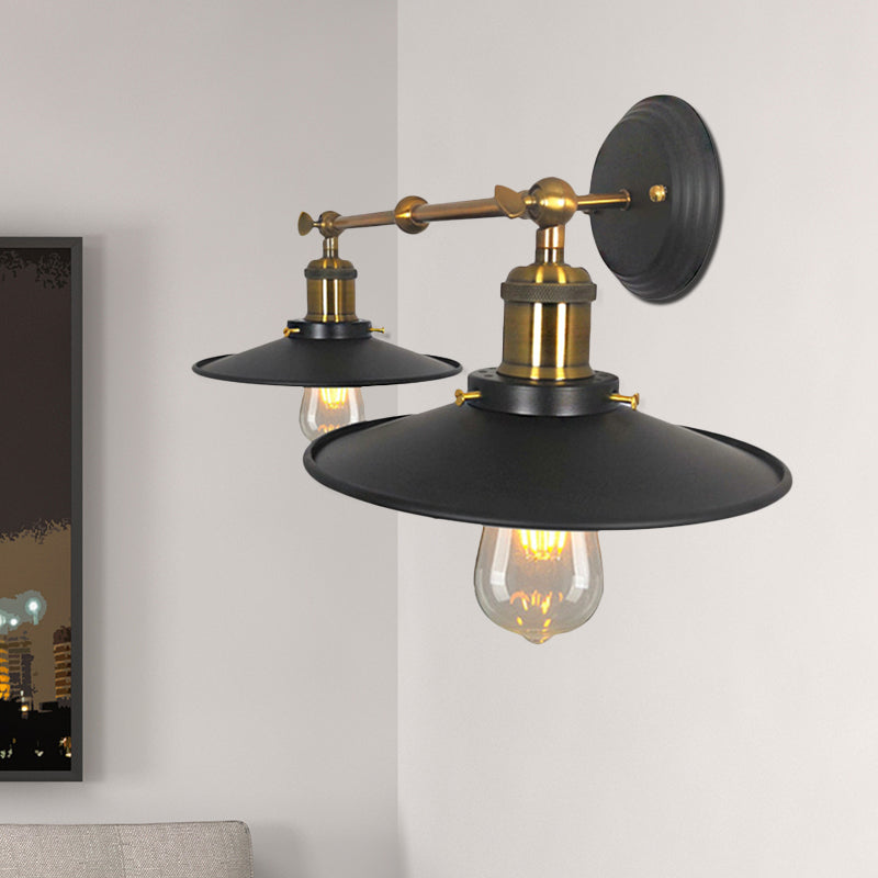 2 Bulbs Wall Light Sconce Vintage Restaurant Wall Mounted Lamp with Flare Metal Shade in Black and Brass