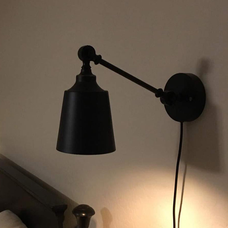 Iron Bell Wall Mount Sconce Industrial 1 Head Bedside Plug-In Wall Lighting Fixture in Black with Swing Arm