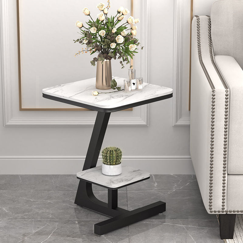 Modern Square Marble Top End Table Two-Tier Side Table with Iron Frame