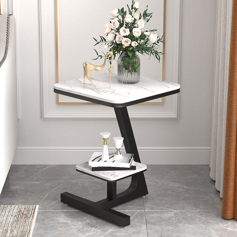 Modern Square Marble Top End Table Two-Tier Side Table with Iron Frame