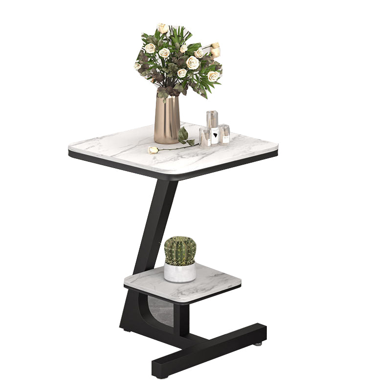 Modern Square Marble Top End Table Two-Tier Side Table with Iron Frame